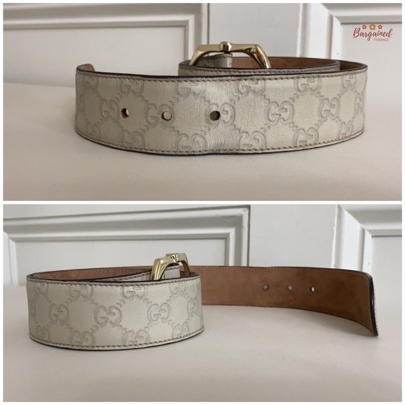 Authentic Gucci Cream GG Embossed Signature Leather Gold Pin Buckle Belt 85/34 - Picture 12 of 14